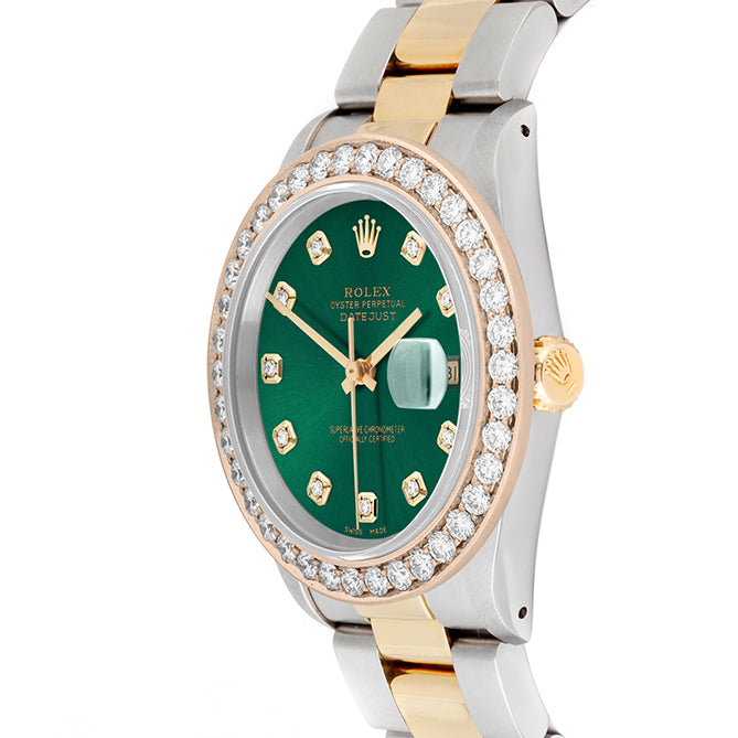 Rolex Datejust 36mm TWO TONE 16233 Green  Dial | Diamond Hour Markers | 2.5ct Diamond Bezel