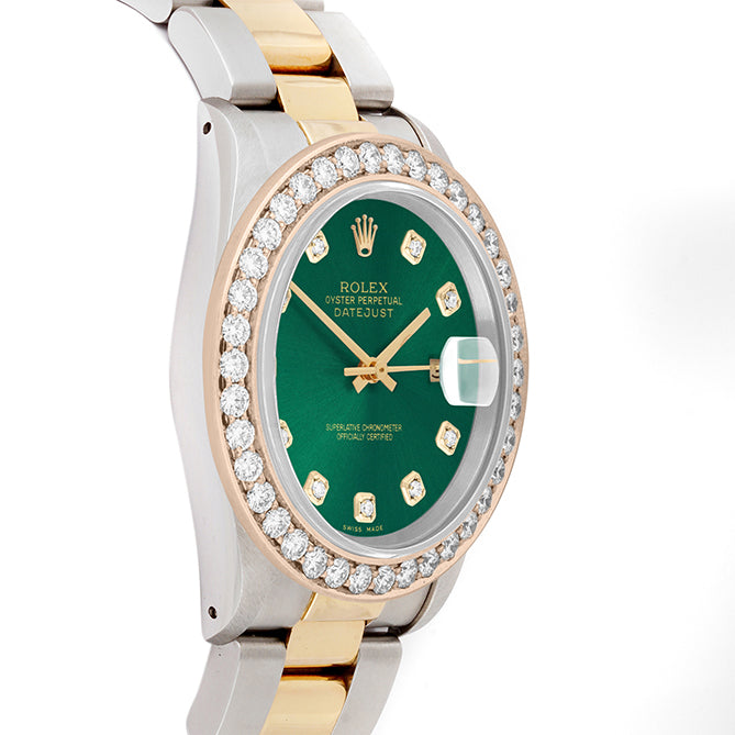 Rolex Datejust 36mm TWO TONE 16233 Green  Dial | Diamond Hour Markers | 2.5ct Diamond Bezel