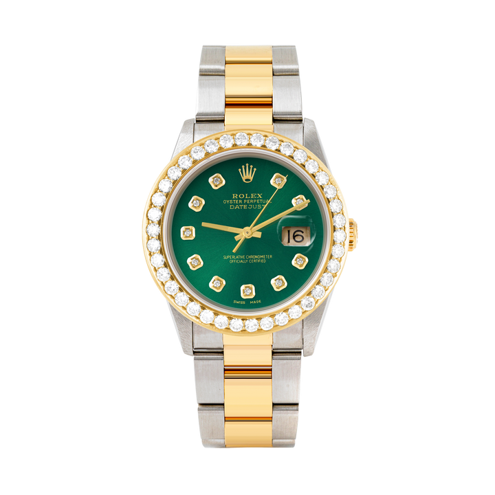 Rolex Datejust 36mm TWO TONE 16233 Green  Dial | Diamond Hour Markers | 2.5ct Diamond Bezel