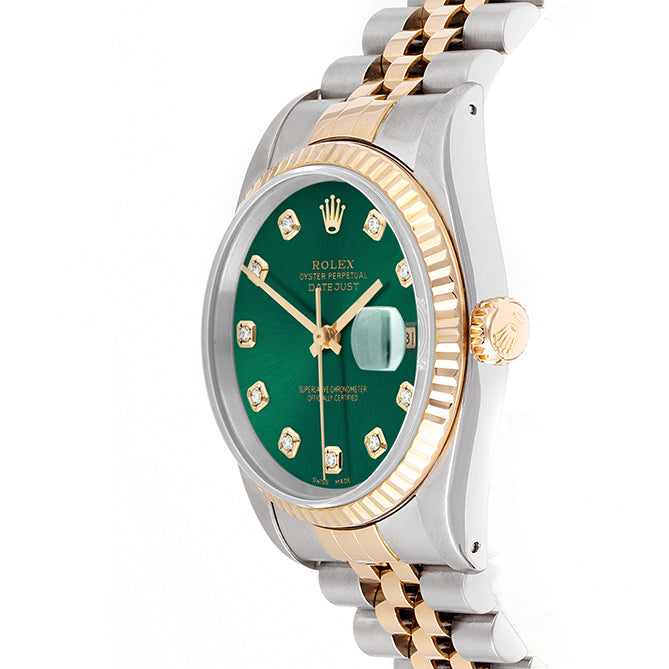 Rolex Datejust 36mm TWO TONE 16233 Green Dial | Diamond  Hour Markers | Fluted Bezel