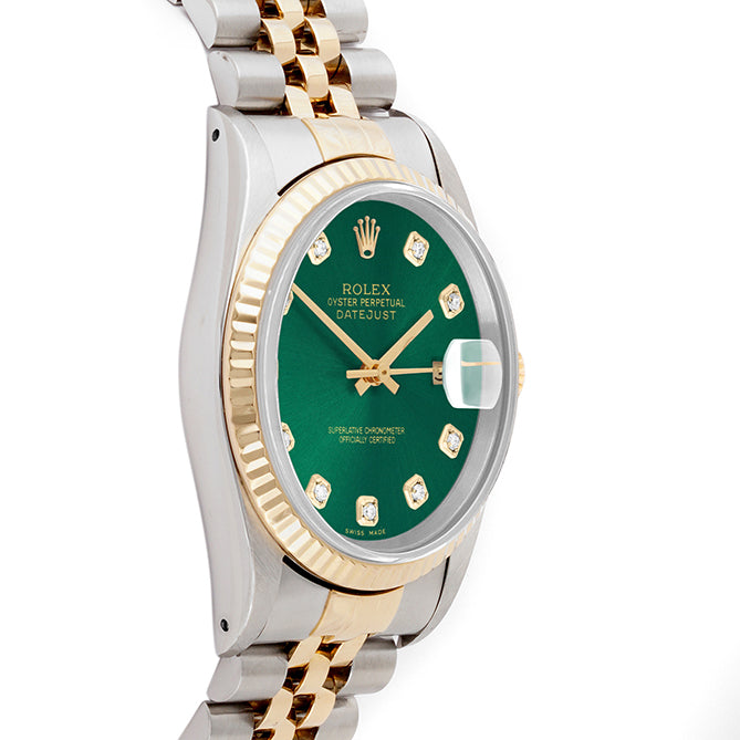 Rolex Datejust 36mm TWO TONE 16233 Green Dial | Diamond  Hour Markers | Fluted Bezel