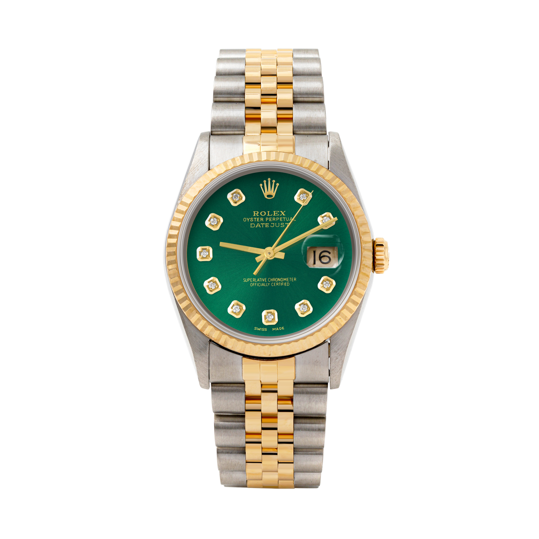 Rolex Datejust 36mm TWO TONE 16233 Green Dial | Diamond  Hour Markers | Fluted Bezel