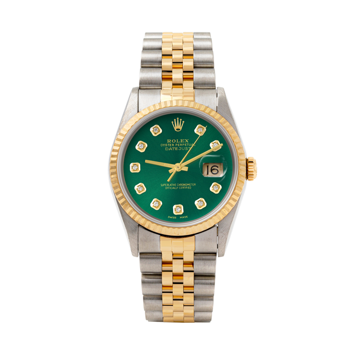 Rolex Datejust 36mm TWO TONE 16233 Green Dial | Diamond  Hour Markers | Fluted Bezel