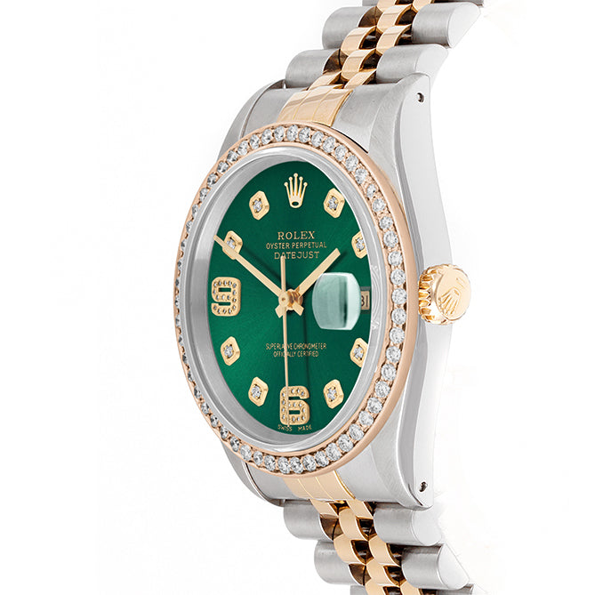 Rolex Datejust 36mm TWO TONE 16233 Green Dial |  6&9 Diamond  Hour Markers | 1ct Diamond Bezel
