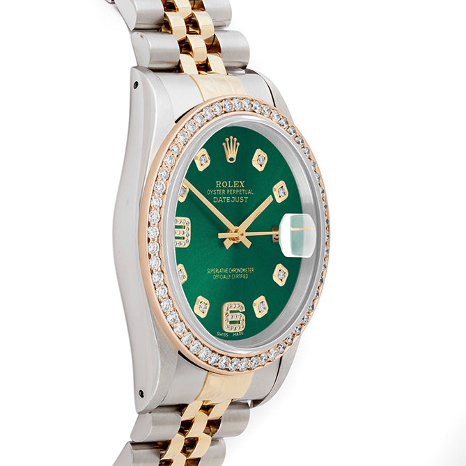 Rolex Datejust 36mm TWO TONE 16233 Green Dial |  6&9 Diamond  Hour Markers | 1ct Diamond Bezel