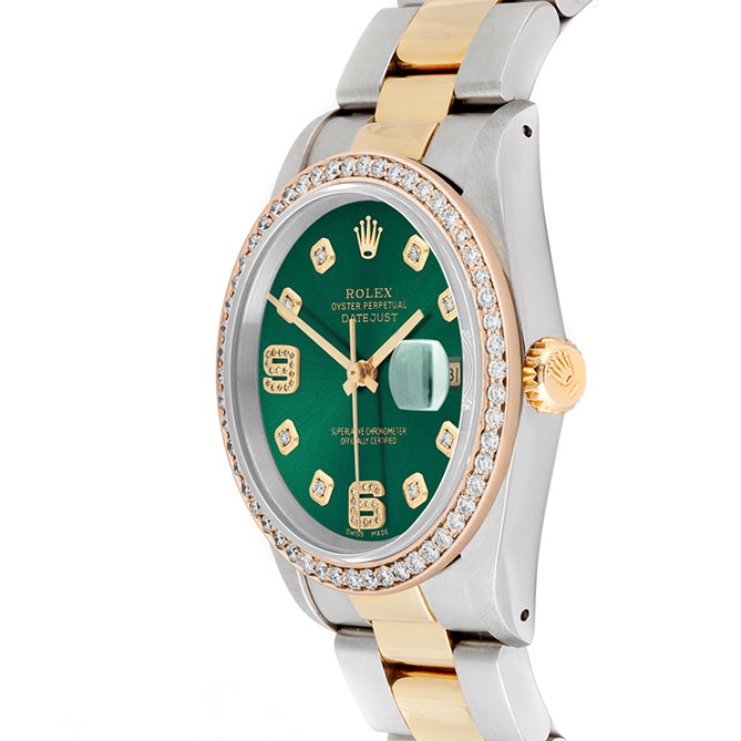 Rolex Datejust 36mm TWO TONE 16233 Green Dial |  6&9 Diamond  Hour Markers | 1ct Diamond Bezel