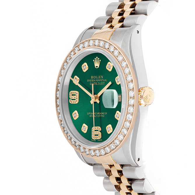 Rolex Datejust 36mm TWO TONE 16233 Green  Dial |  6&9 Diamond  Hour Markers | 2ct Diamond Bezel