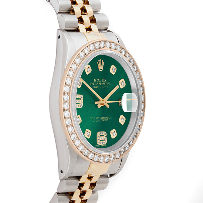 Rolex Datejust 36mm TWO TONE 16233 Green  Dial |  6&9 Diamond  Hour Markers | 2ct Diamond Bezel