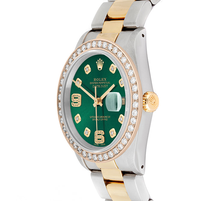 Rolex Datejust 36mm TWO TONE 16233 Green  Dial |  6&9 Diamond  Hour Markers | 2ct Diamond Bezel