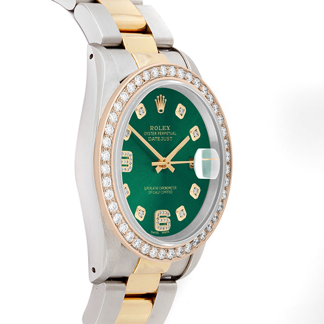 Rolex Datejust 36mm TWO TONE 16233 Green  Dial |  6&9 Diamond  Hour Markers | 2ct Diamond Bezel