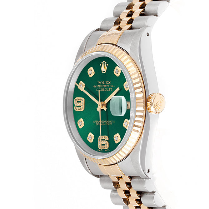 Rolex Datejust 36mm TWO TONE 16233 Green Dial | 6&9 Diamond  Hour Markers | Fluted Bezel