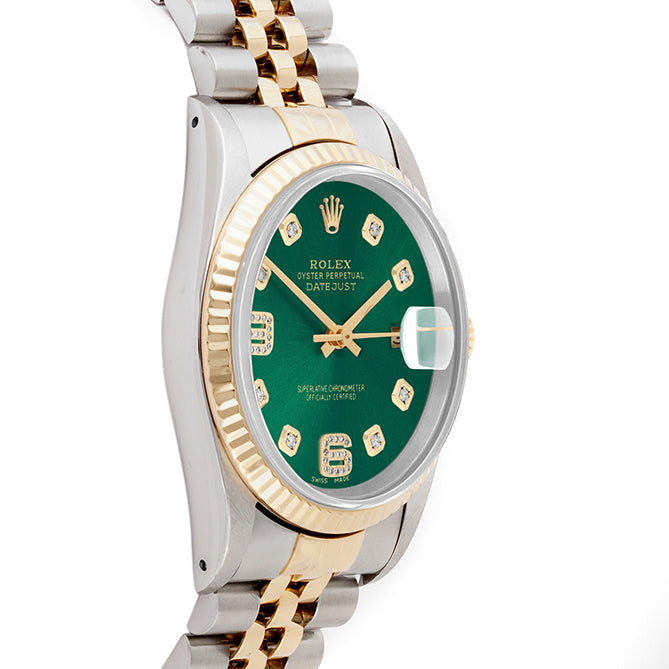 Rolex Datejust 36mm TWO TONE 16233 Green Dial | 6&9 Diamond  Hour Markers | Fluted Bezel