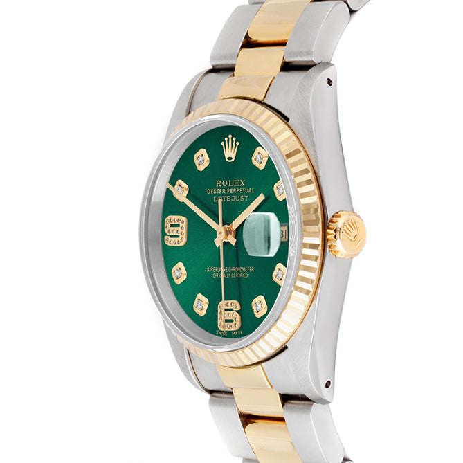 Rolex Datejust 36mm TWO TONE 16233 Green Dial | 6&9 Diamond  Hour Markers | Fluted Bezel