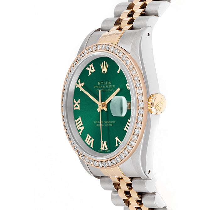 Rolex Datejust 36mm TWO TONE 16233 Green Dial | Roman Hour Markers | 1ct Diamond Bezel