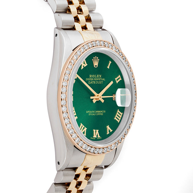 Rolex Datejust 36mm TWO TONE 16233 Green Dial | Roman Hour Markers | 1ct Diamond Bezel