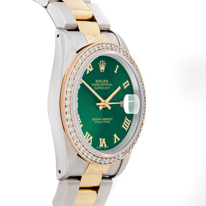 Rolex Datejust 36mm TWO TONE 16233 Green Dial | Roman Hour Markers | 1ct Diamond Bezel