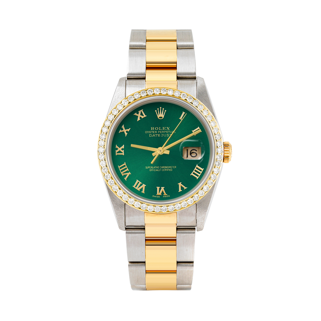 Rolex Datejust 36mm TWO TONE 16233 Green Dial | Roman Hour Markers | 1ct Diamond Bezel
