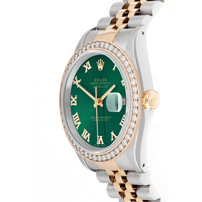 Rolex Datejust 36mm TWO TONE 16233 Green Dial | Roman Hour Markers | 1.8ct Diamond Bezel
