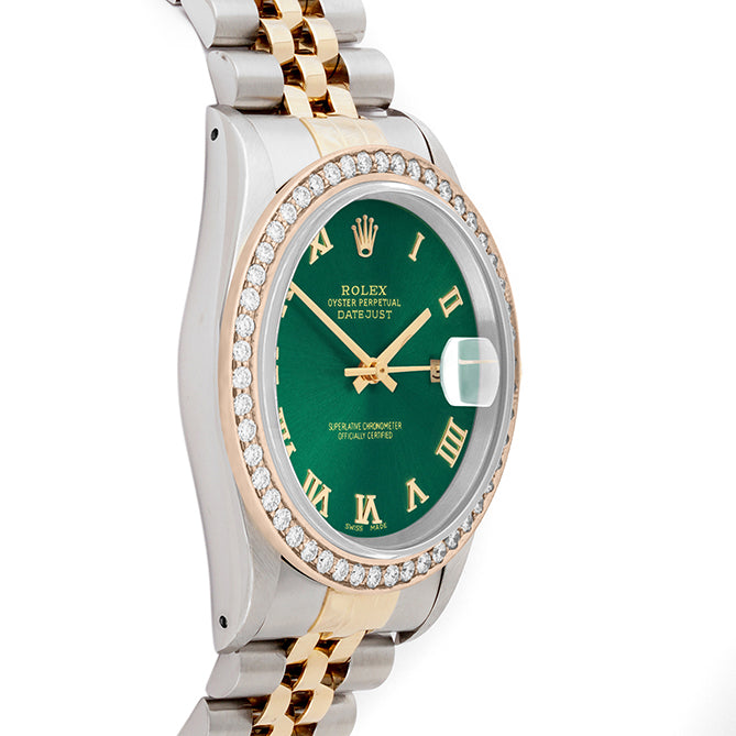 Rolex Datejust 36mm TWO TONE 16233 Green Dial | Roman Hour Markers | 1.8ct Diamond Bezel