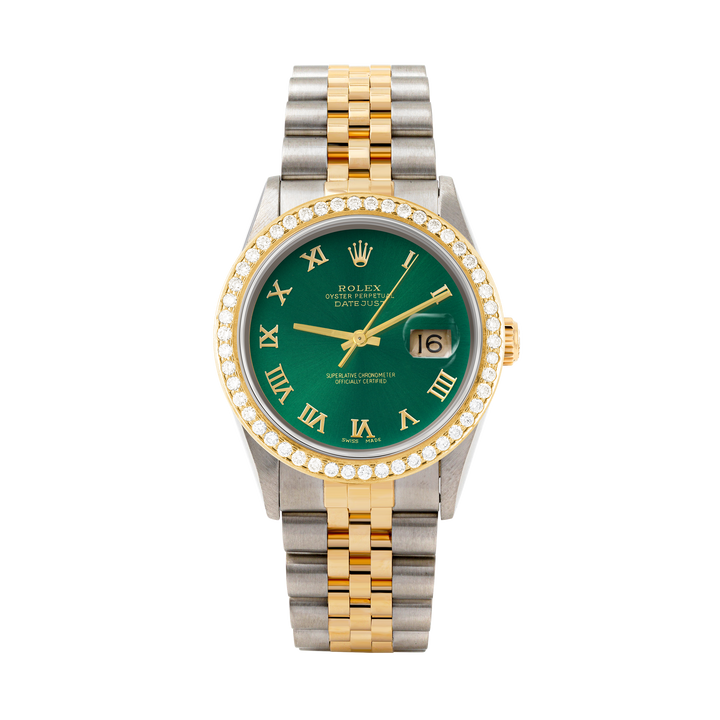 Rolex Datejust 36mm TWO TONE 16233 Green Dial | Roman Hour Markers | 1.8ct Diamond Bezel