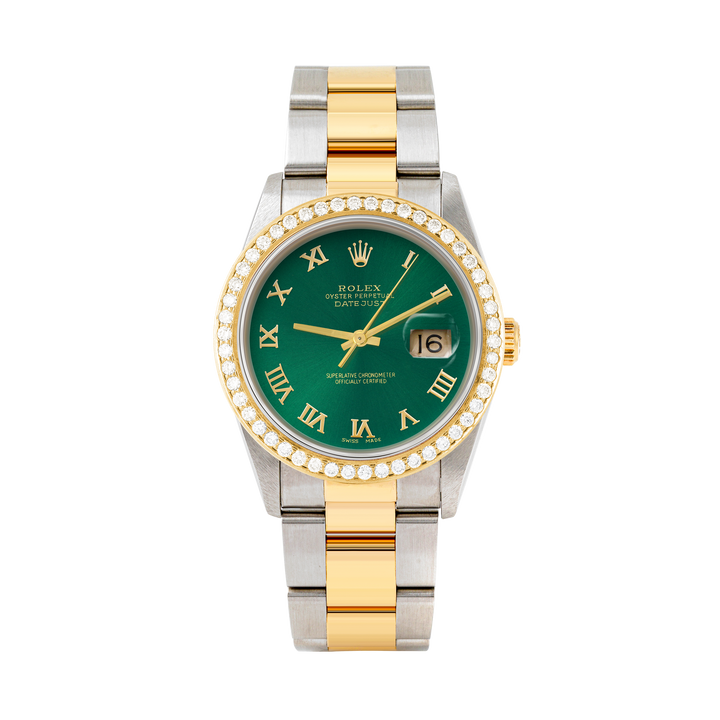 Rolex Datejust 36mm TWO TONE 16233 Green Dial | Roman Hour Markers | 1.8ct Diamond Bezel