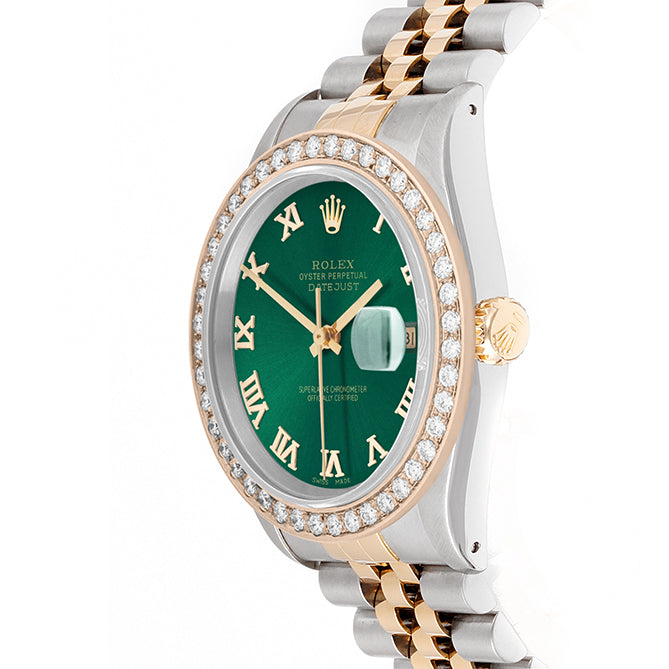 Rolex Datejust 36mm TWO TONE 16233 Green Dial | Diamond Hour Markers | 2ct Diamond Bezel