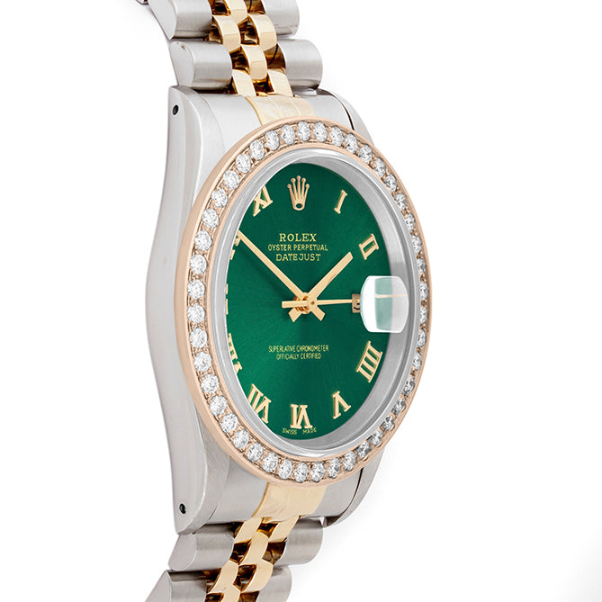 Rolex Datejust 36mm TWO TONE 16233 Green Dial | Stick Hour Markers | 2ct Diamond Bezel