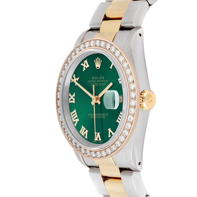 Rolex Datejust 36mm TWO TONE 16233  Green  Dial | Roman Hour Markers | 2ct Diamond Bezel