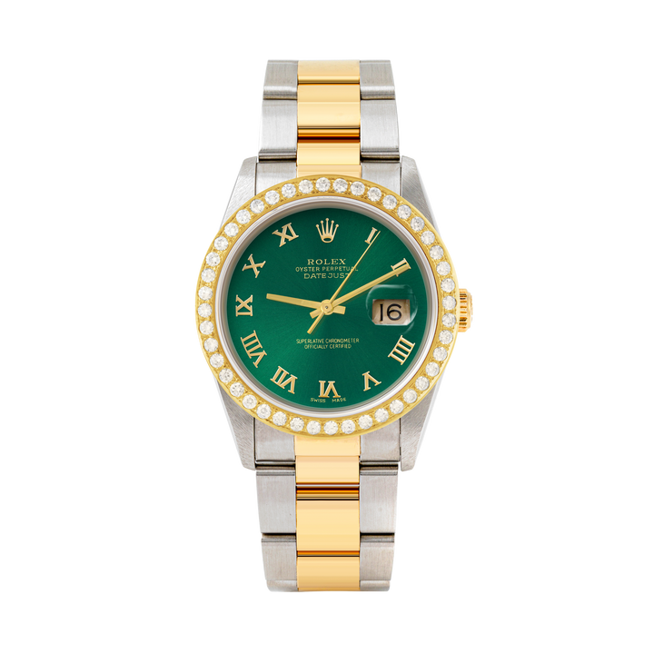 Rolex Datejust 36mm TWO TONE 16233  Green  Dial | Roman Hour Markers | 2ct Diamond Bezel