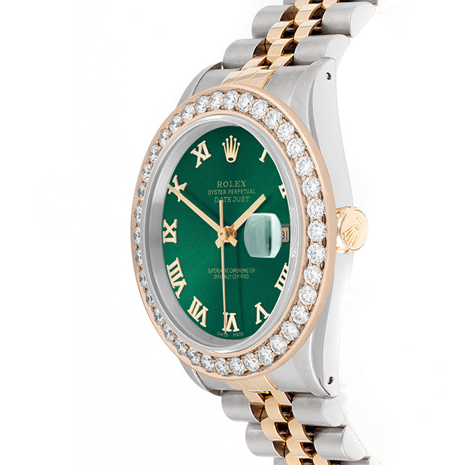 Rolex Datejust 36mm TWO TONE 16233  Green  Dial | Roman Hour Markers | 2.5ct Diamond Bezel