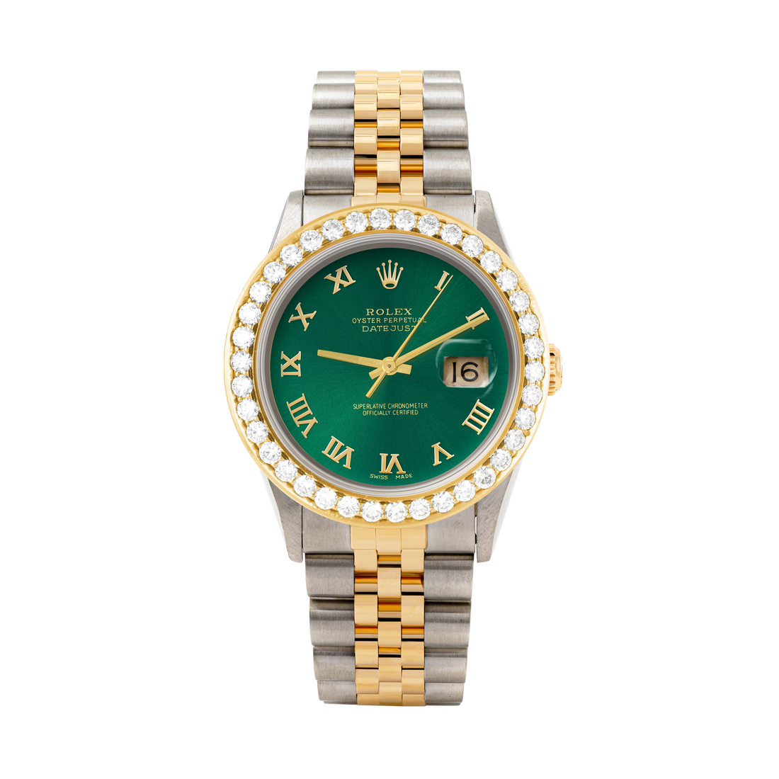 Rolex Datejust 36mm TWO TONE 16233  Green  Dial | Roman Hour Markers | 2.5ct Diamond Bezel