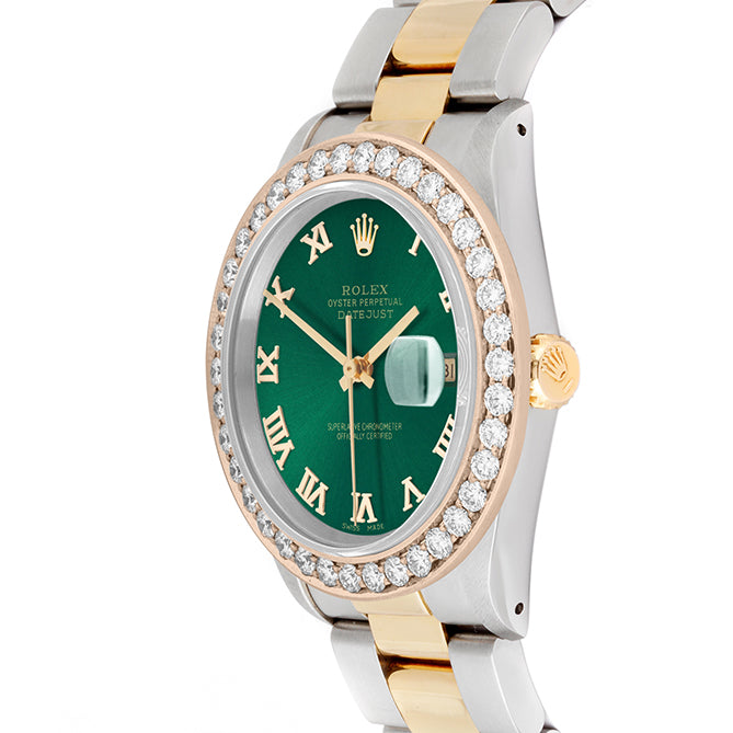 Rolex Datejust 36mm TWO TONE 16233  Green  Dial | Roman Hour Markers | 2.5ct Diamond Bezel