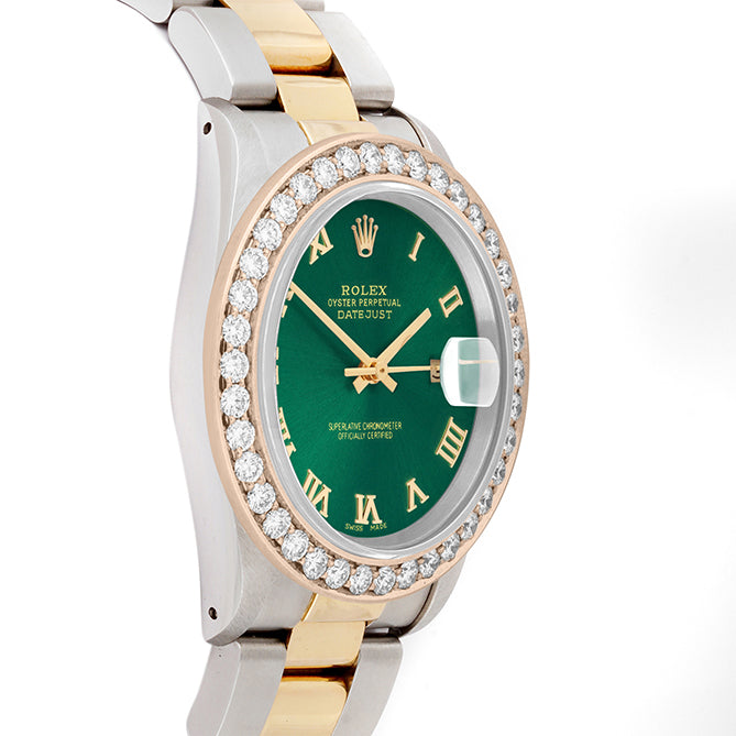 Rolex Datejust 36mm TWO TONE 16233  Green  Dial | Roman Hour Markers | 2.5ct Diamond Bezel