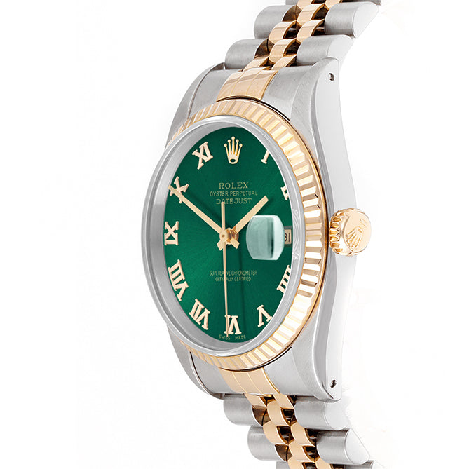 Rolex Datejust 36mm TWO TONE 16233 Green Dial | Roman Hour Markers | Fluted Bezel