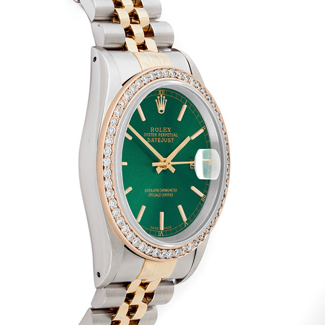Rolex Datejust 36mm TWO TONE 16233 Green Dial | 6&9 Diamond Hour Markers | 2.5ct Diamond Bezel