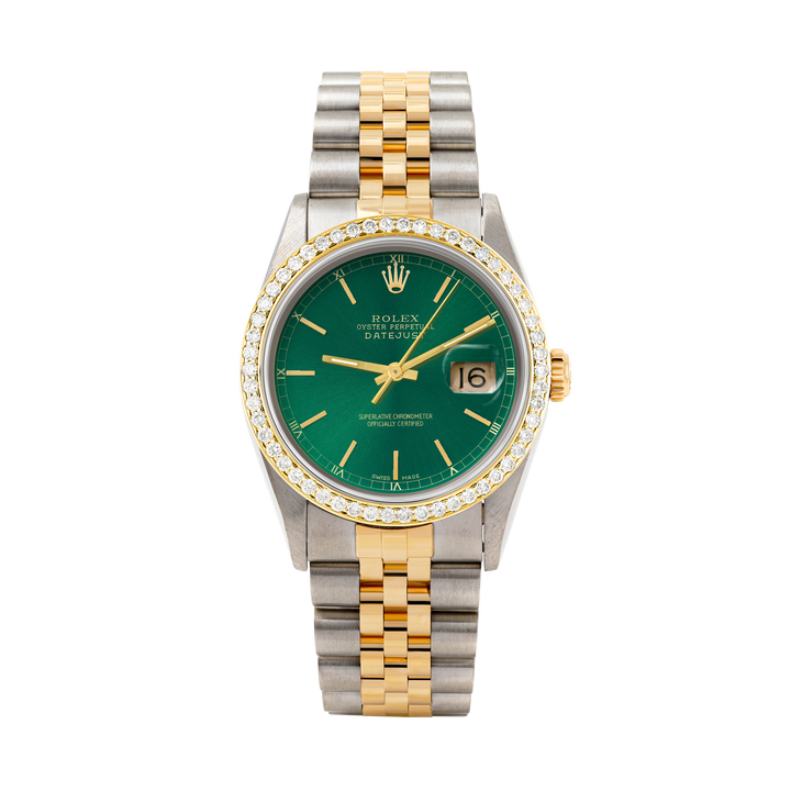 Rolex Datejust 36mm TWO TONE 16233 Green Dial | Stick Hour Markers | 1ct Diamond Bezel