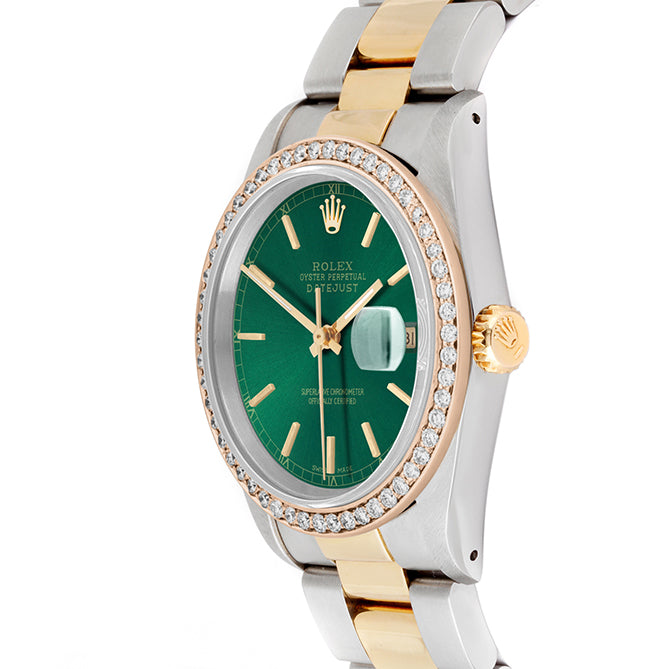 Rolex Datejust 36mm TWO TONE 16233 Green Dial |  Stick Hour Markers | 1ct Diamond Bezel