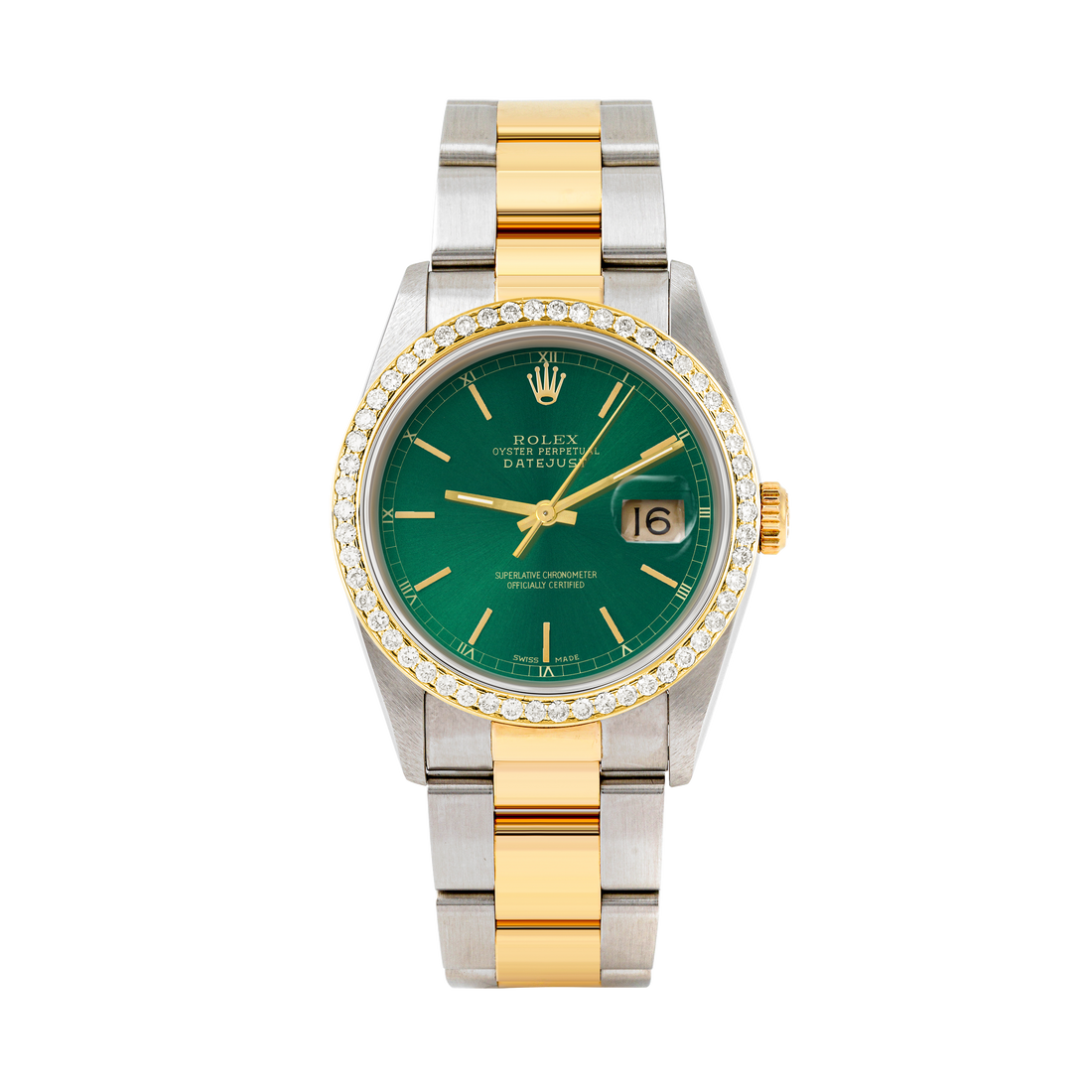 Rolex Datejust 36mm TWO TONE 16233 Green Dial | Stick Hour Markers | 1ct Diamond Bezel