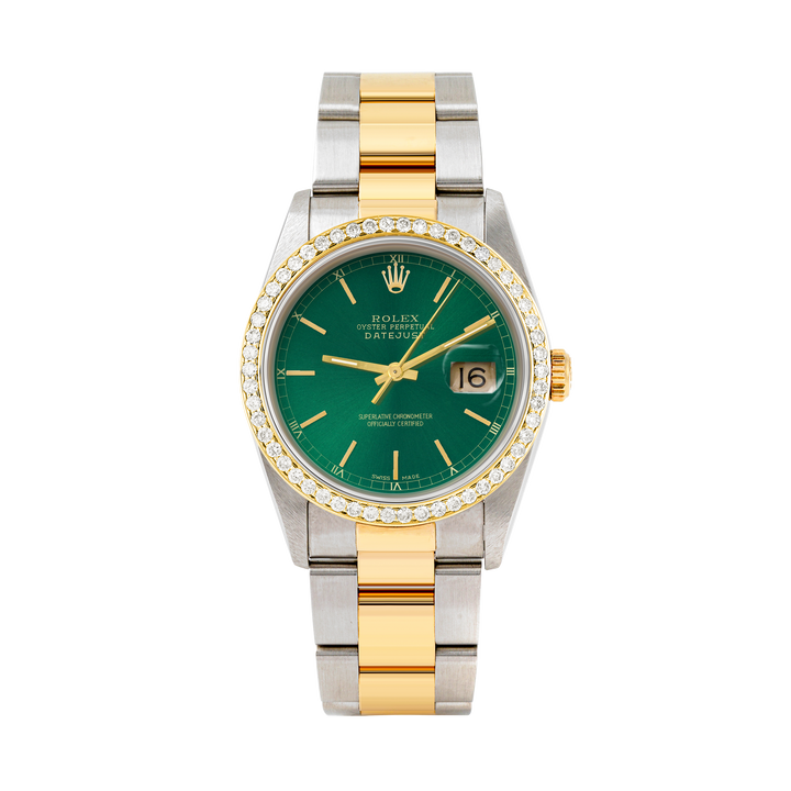 Rolex Datejust 36mm TWO TONE 16233 Green Dial | Stick Hour Markers | 1ct Diamond Bezel