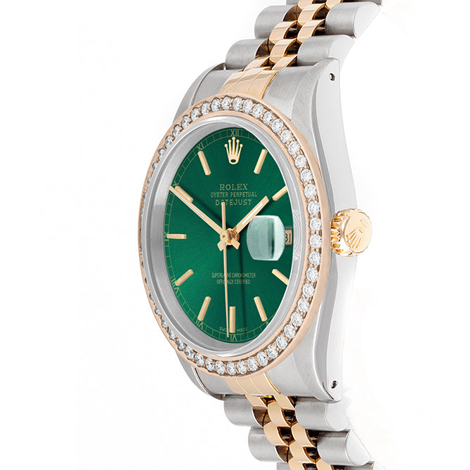 Rolex Datejust 36mm TWO TONE 16233 Green Dial | Stick Hour Markers | 1.8ct Diamond Bezel