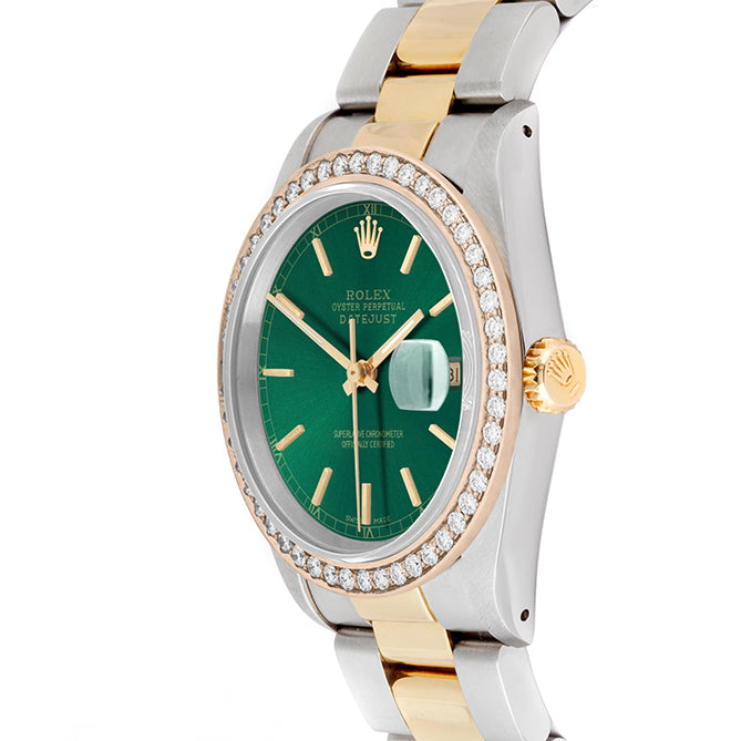 Rolex Datejust 36mm TWO TONE 16233 Green Dial | Stick Hour Markers | 1.8ct Diamond Bezel