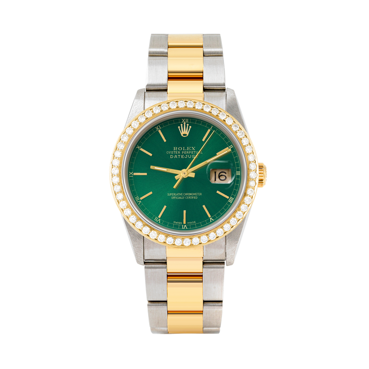 Rolex Datejust 36mm TWO TONE 16233 Green Dial | Stick Hour Markers | 1.8ct Diamond Bezel