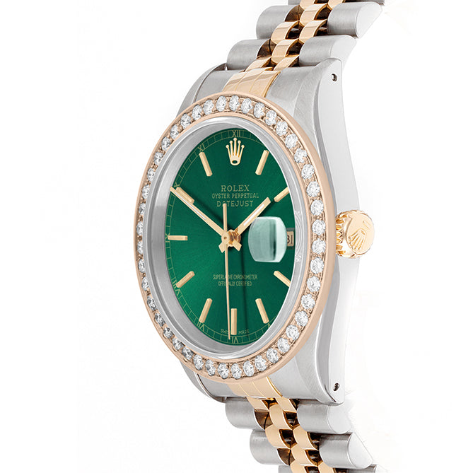 Rolex Datejust 36mm TWO TONE 16233 Green Dial | Stick Hour Markers | 2ct Diamond Bezel