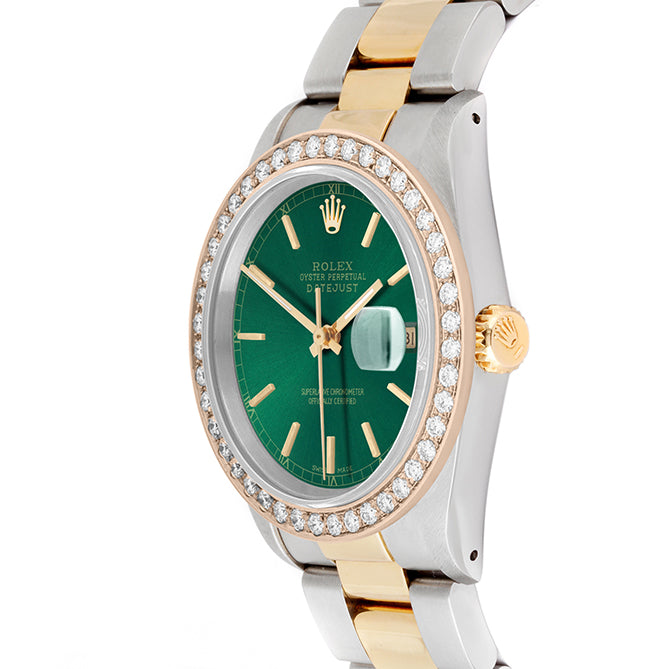 Rolex Datejust 36mm TWO TONE 16233 Green Dial | Stick Hour Markers | 2ct Diamond Bezel