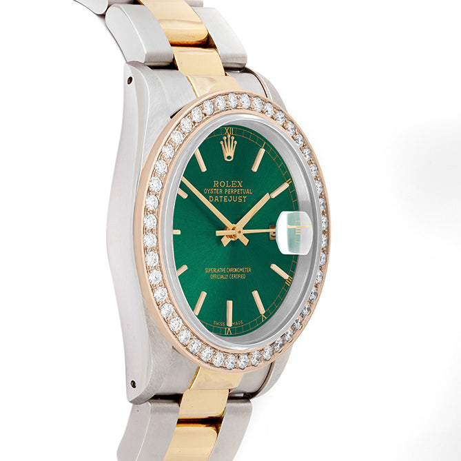 Rolex Datejust 36mm TWO TONE 16233 Green Dial | Stick Hour Markers | 2ct Diamond Bezel