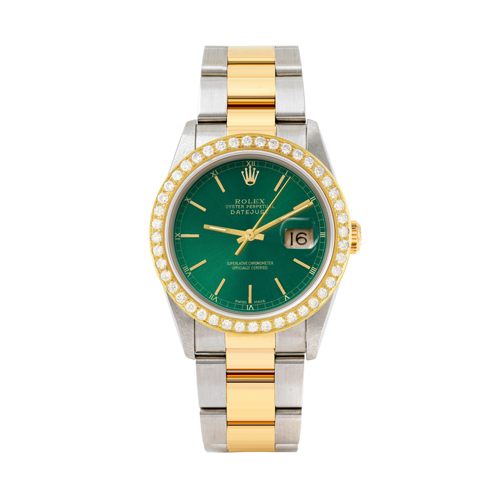 Rolex Datejust 36mm TWO TONE 16233 Green Dial | Stick Hour Markers | 2ct Diamond Bezel