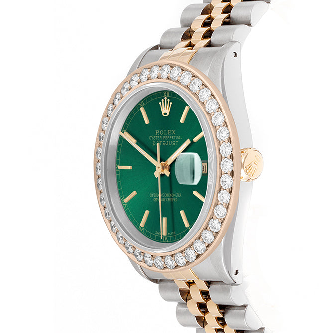 Rolex Datejust 36mm TWO TONE 16233  Green Dial | Stick Hour Markers | 2.5ct Diamond Bezel
