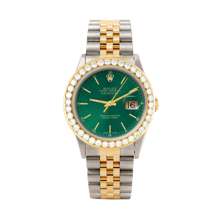 Rolex Datejust 36mm TWO TONE 16233  Green Dial | Stick Hour Markers | 2.5ct Diamond Bezel