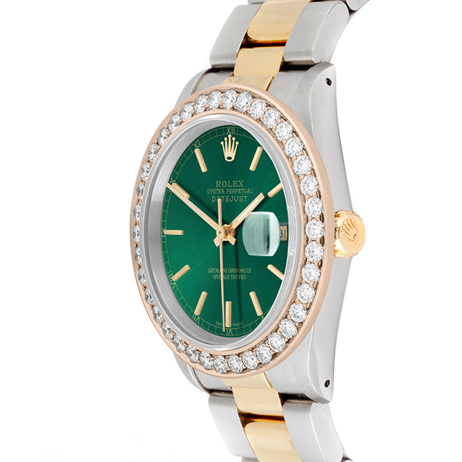 Rolex Datejust 36mm TWO TONE 16233  Green Dial | Stick Hour Markers | 2.5ct Diamond Bezel