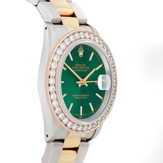 Rolex Datejust 36mm TWO TONE 16233  Green Dial | Stick Hour Markers | 2.5ct Diamond Bezel